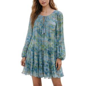 NWT J.Marie Blue Green Metallic Abstract Tiered Mini Dress Size S